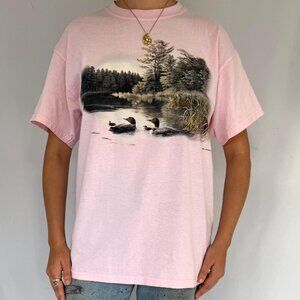 90s vintage pink duck loon water nature graphic short sleeved cotton tee shirt